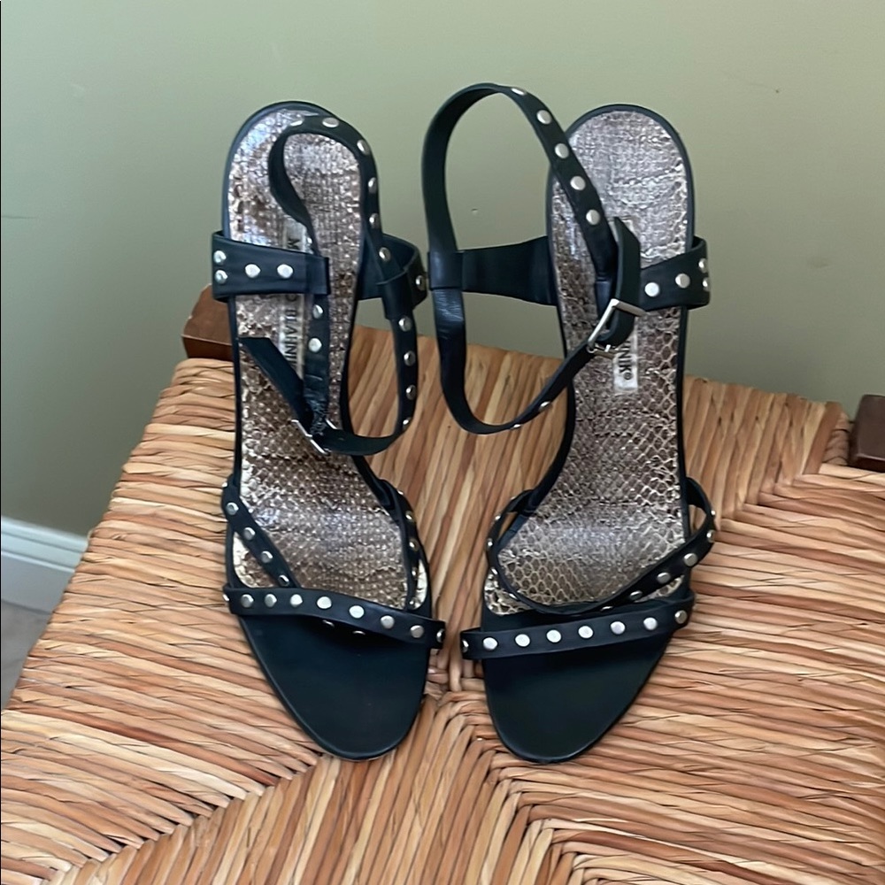 MANOLO BLAHNIK Black Strappy Heels with Studded Detailing